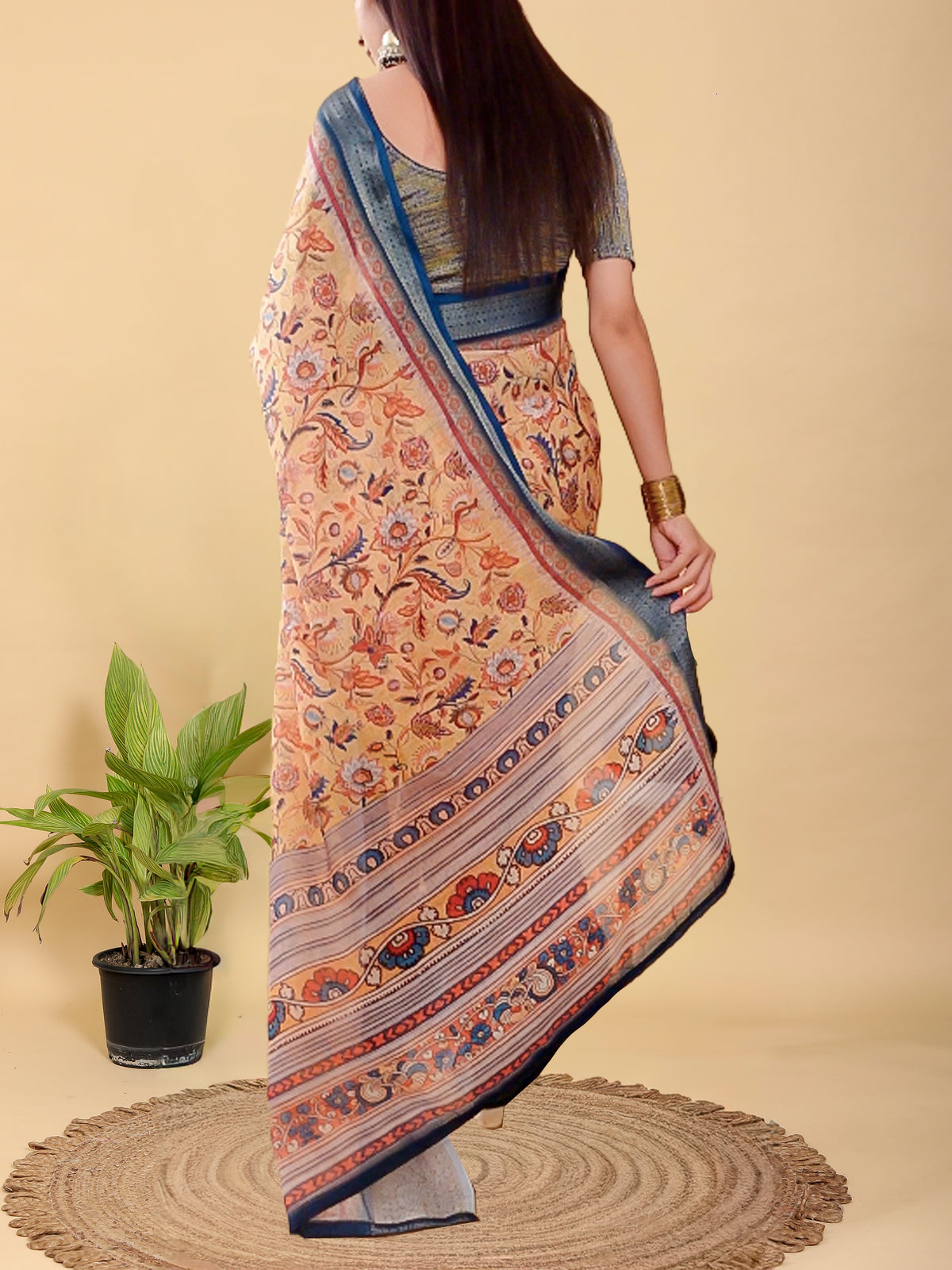 Beige Floral Printed Linen Cotton Saree with Blue Border for Women