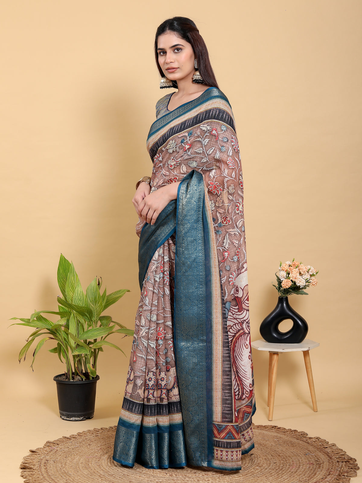 Mocha Floral Linen Cotton Saree with Teal Border Design for Women