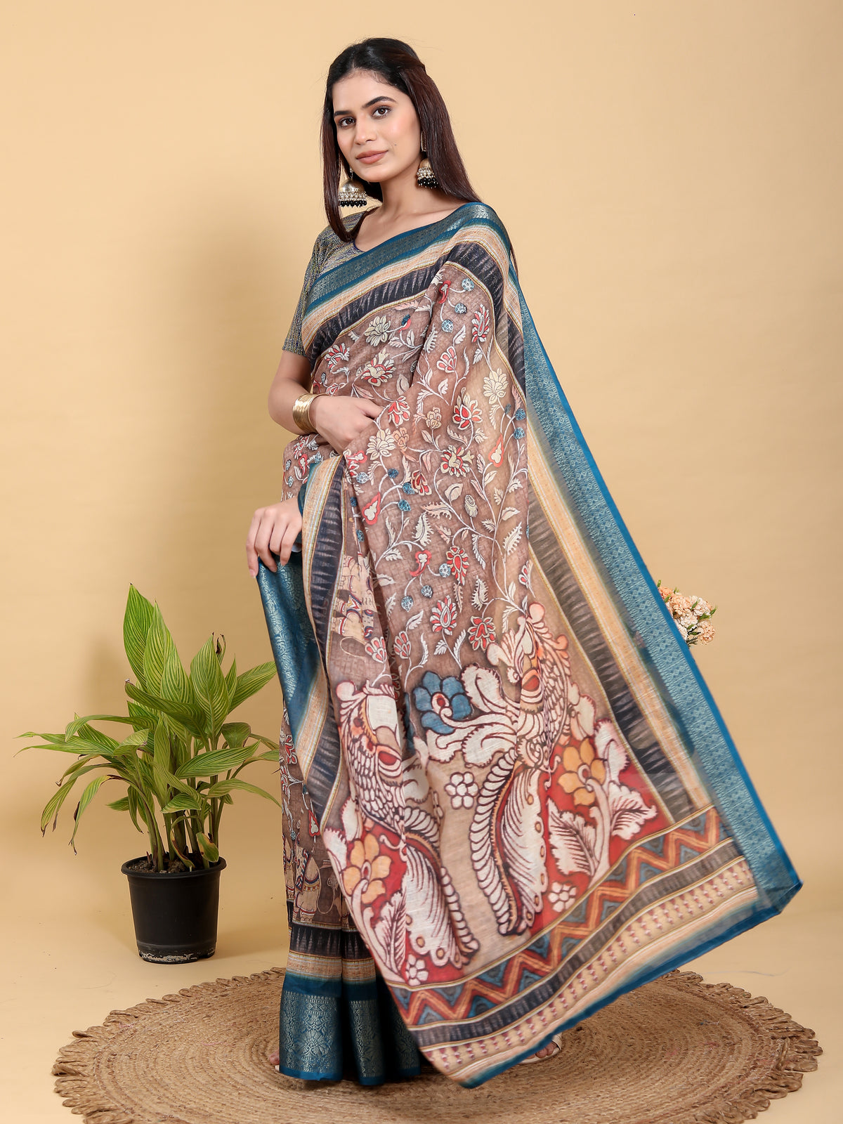 Mocha Floral Linen Cotton Saree with Teal Border Design for Women