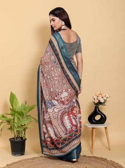 Mocha Floral Linen Cotton Saree with Teal Border Design for Women