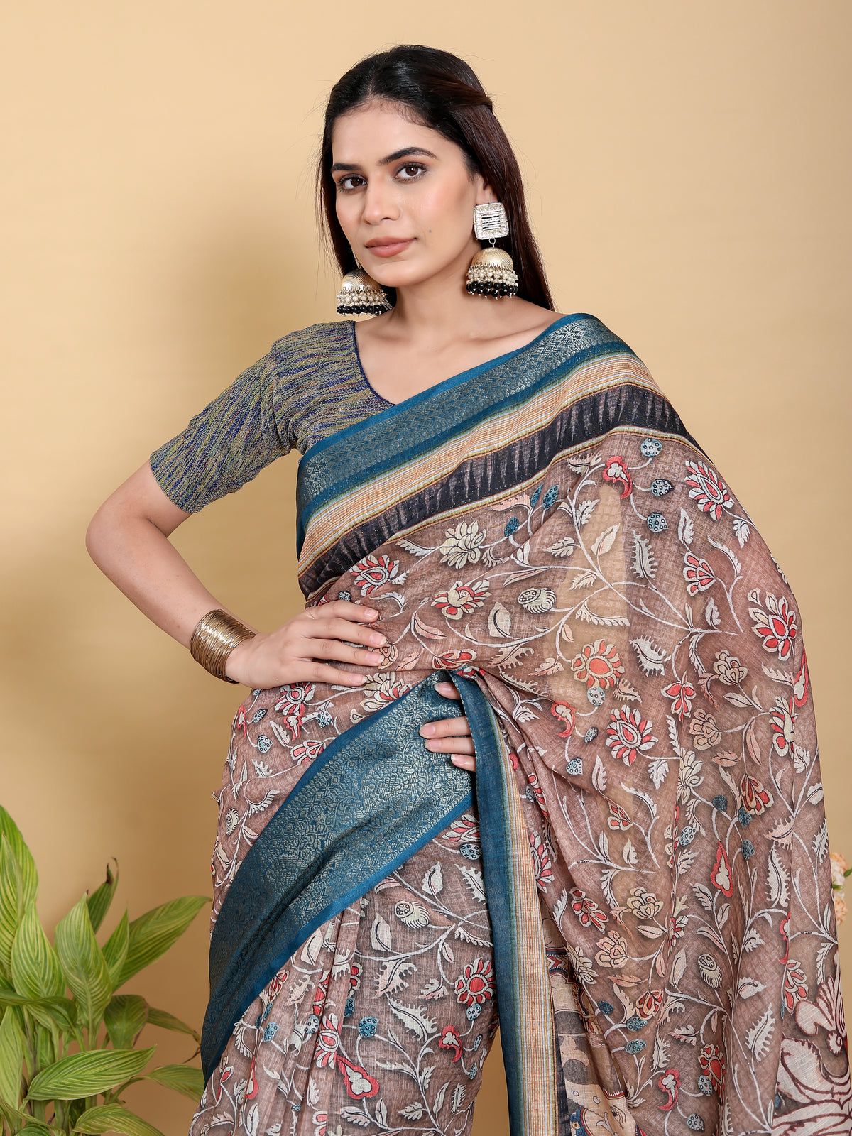 Mocha Floral Linen Cotton Saree with Teal Border Design for Women