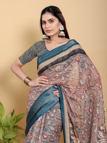 Mocha Floral Linen Cotton Saree with Teal Border Design for Women