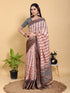 Peach Floral Linen Cotton Saree with Brown Woven Border for Women