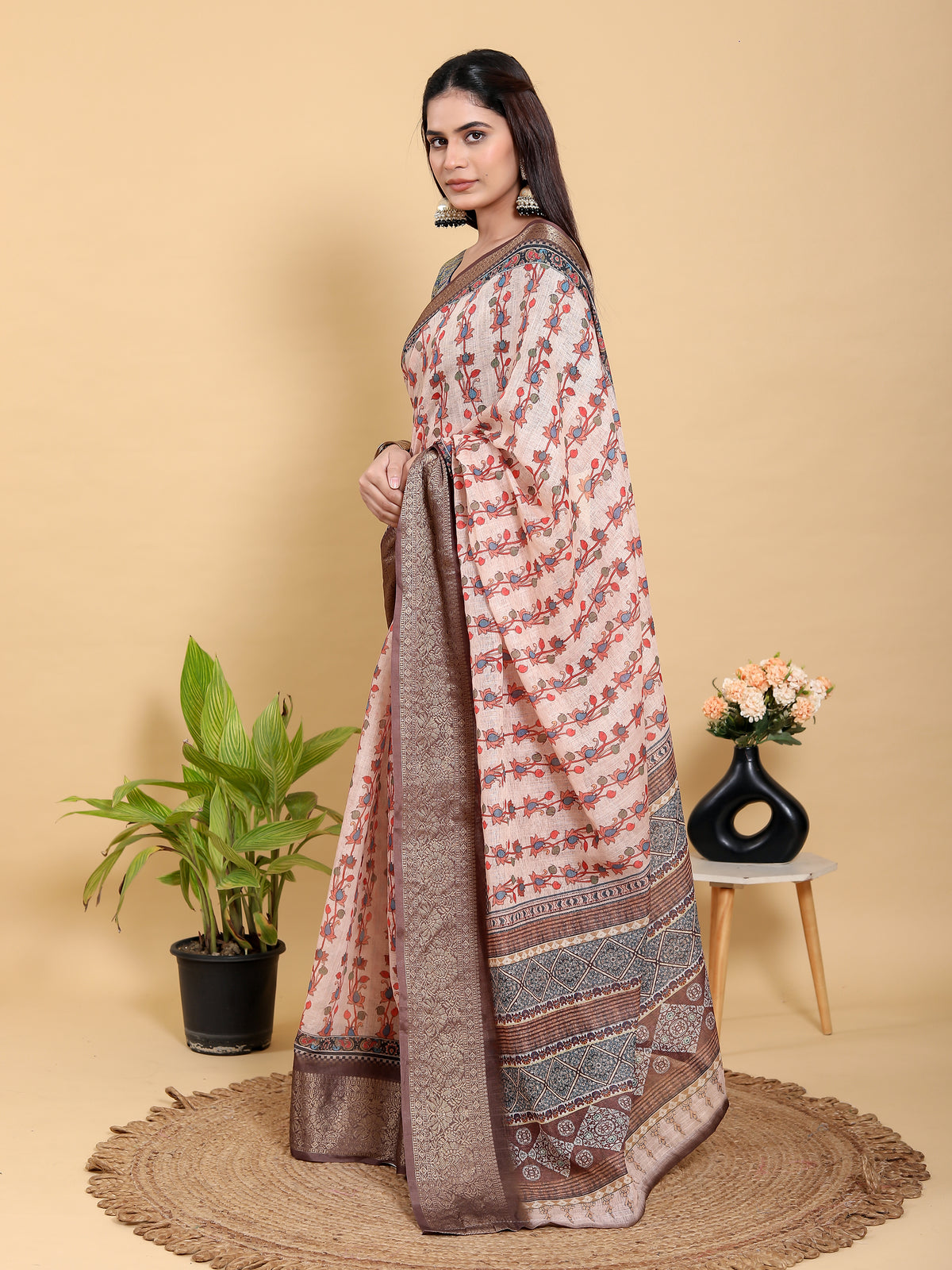 Peach Floral Linen Cotton Saree with Brown Woven Border for Women