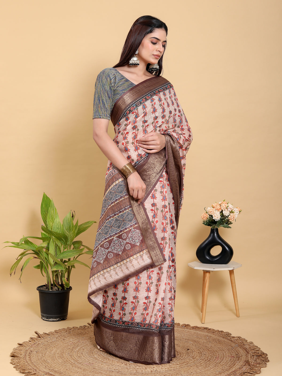 Peach Floral Linen Cotton Saree with Brown Woven Border for Women