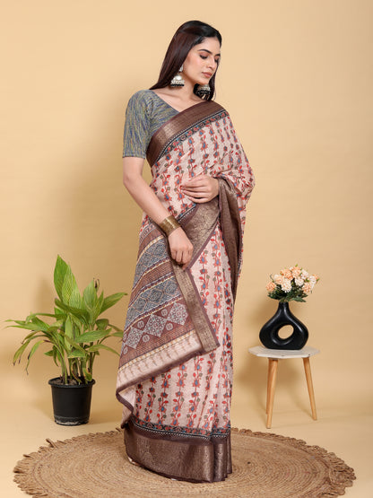 Peach Floral Linen Cotton Saree with Brown Woven Border for Women