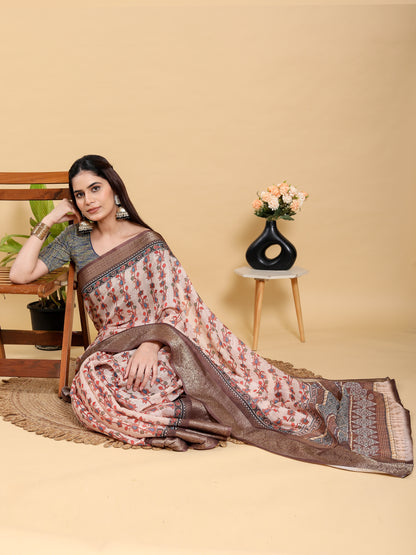Peach Floral Linen Cotton Saree with Brown Woven Border for Women
