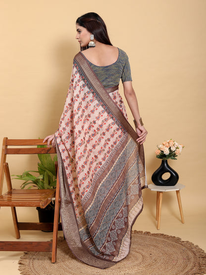 Peach Floral Linen Cotton Saree with Brown Woven Border for Women