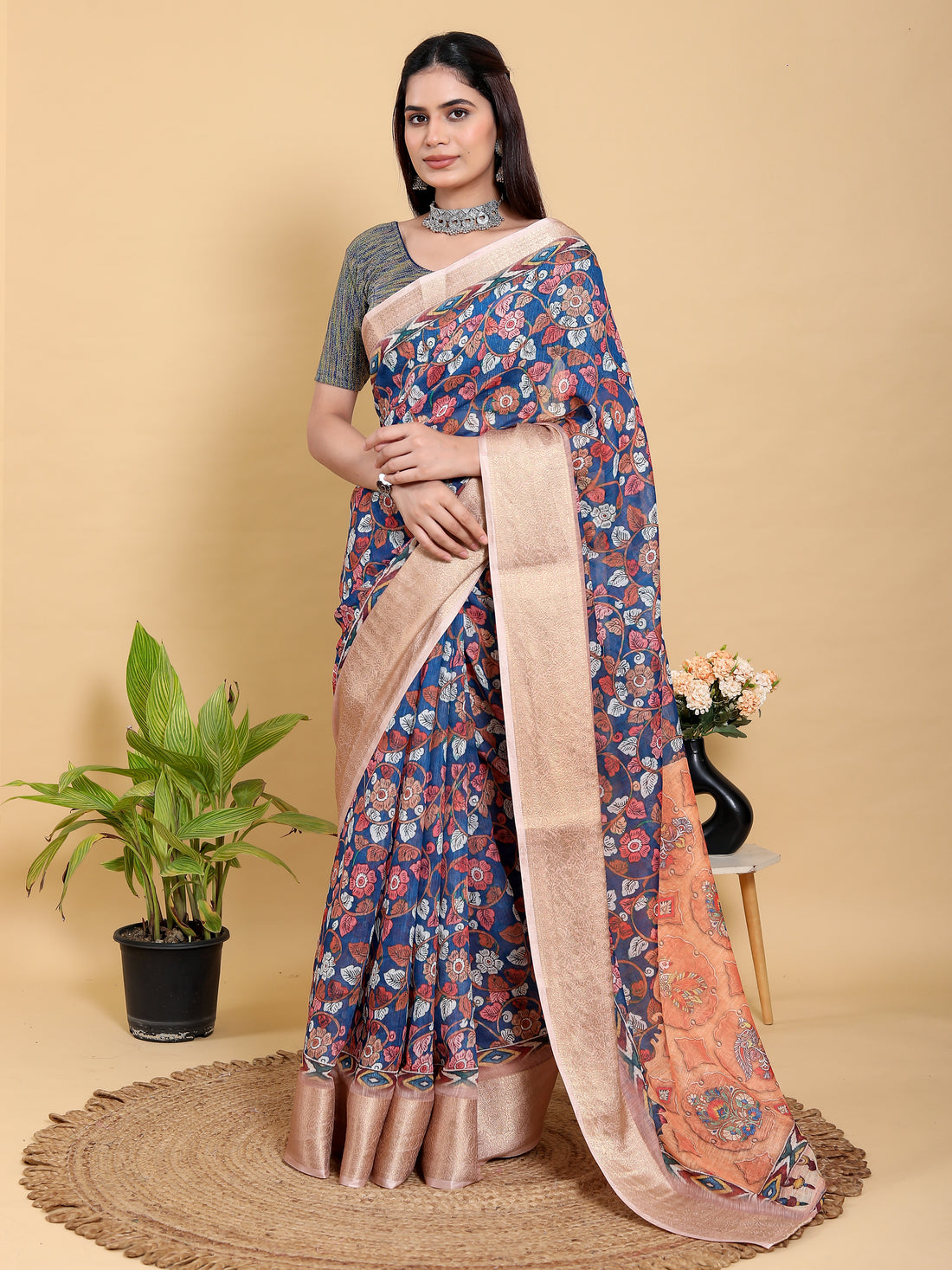 Blue Floral Printed Linen Cotton Saree with Jacquard Border for Women