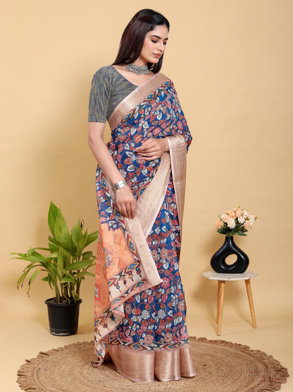 Blue Floral Printed Linen Cotton Saree with Jacquard Border for Women
