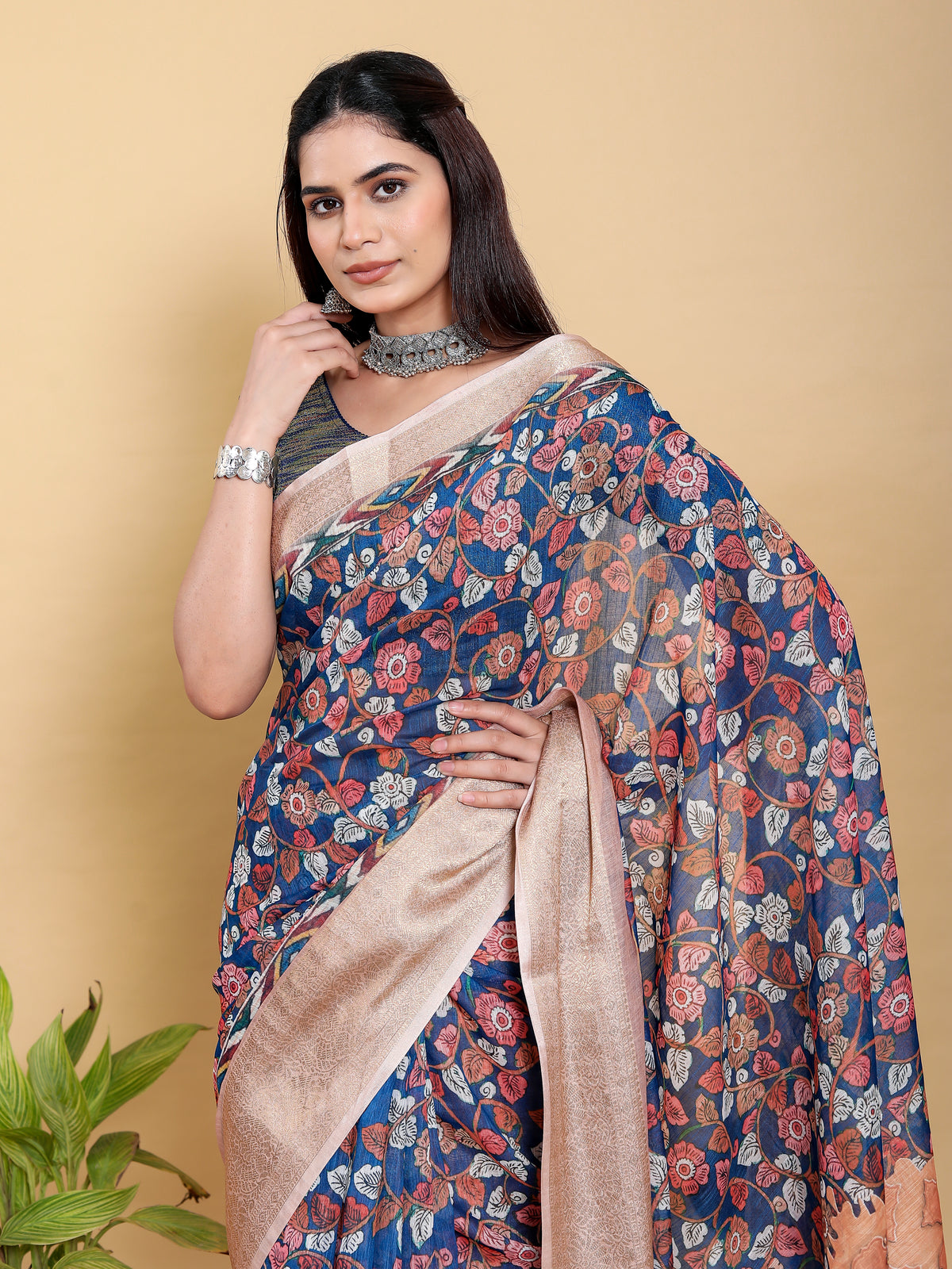 Blue Floral Printed Linen Cotton Saree with Jacquard Border for Women