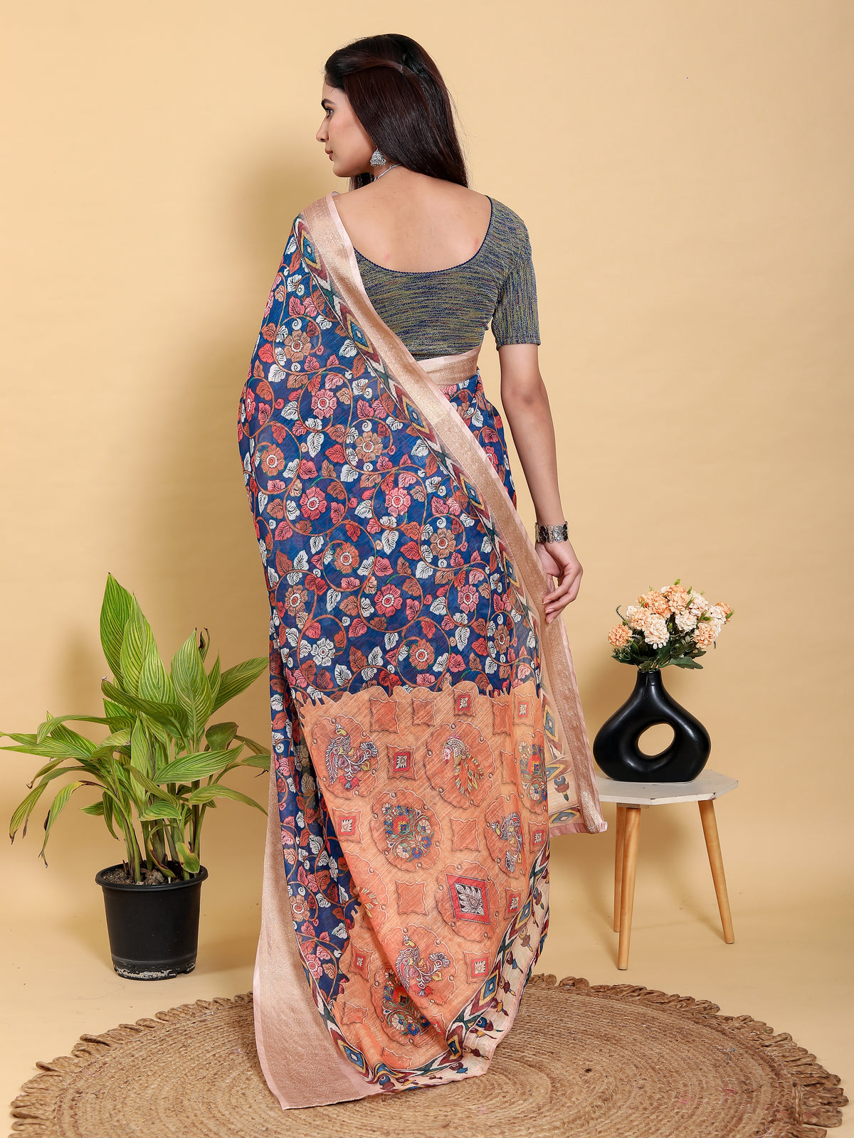 Blue Floral Printed Linen Cotton Saree with Jacquard Border for Women