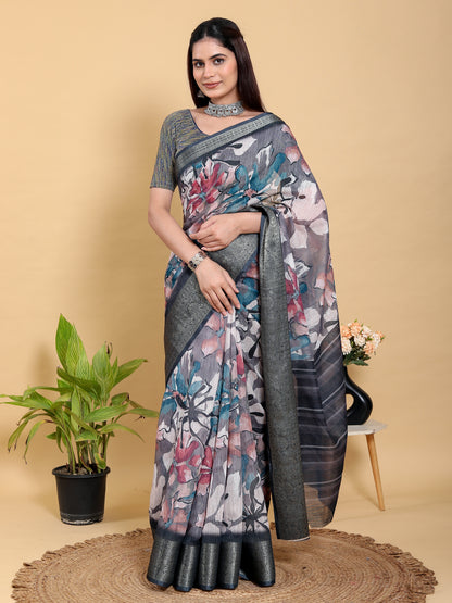Grey Floral Printed Linen Cotton Saree with Jacquard Border for Women