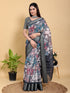 Grey Floral Printed Linen Cotton Saree with Jacquard Border for Women