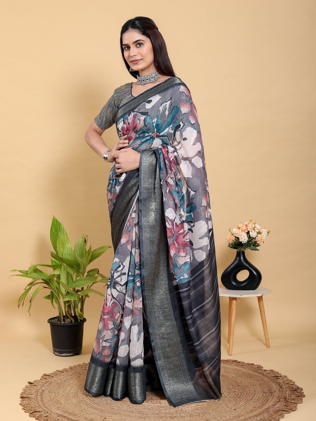 Grey Floral Printed Linen Cotton Saree with Jacquard Border for Women