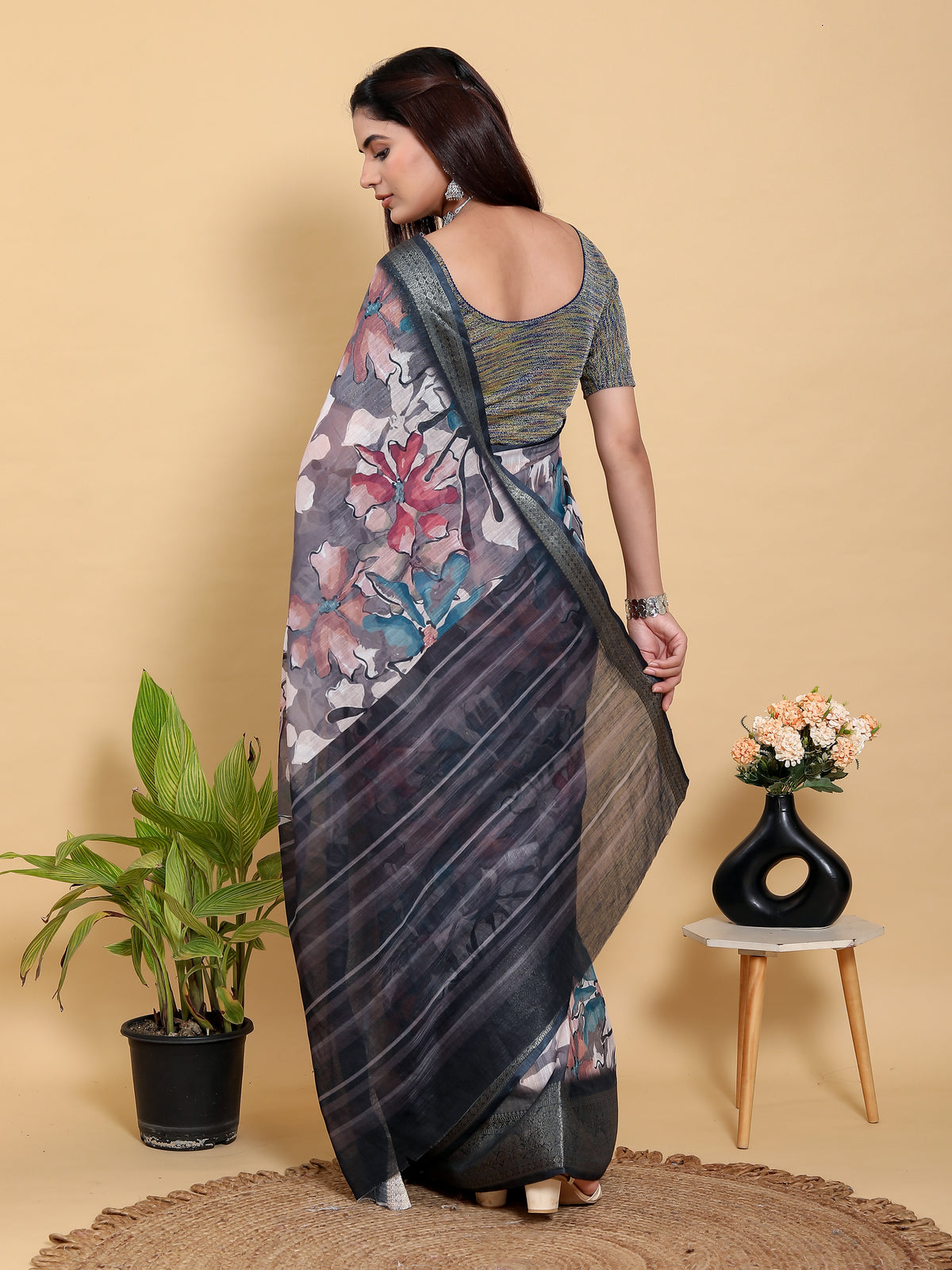 Grey Floral Printed Linen Cotton Saree with Jacquard Border for Women