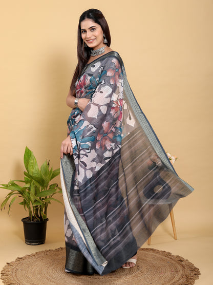 Grey Floral Printed Linen Cotton Saree with Jacquard Border for Women