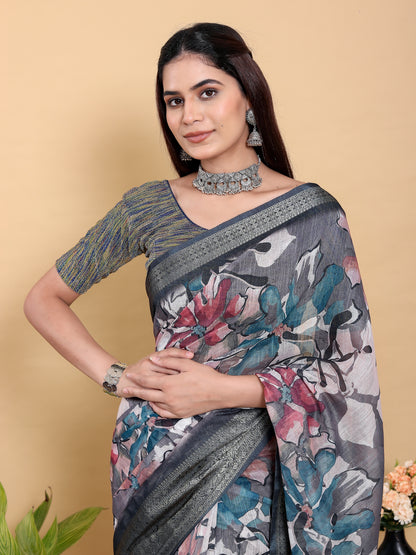 Grey Floral Printed Linen Cotton Saree with Jacquard Border for Women