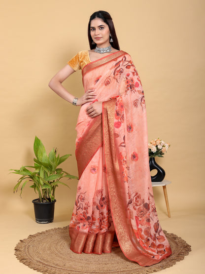Peach Floral Linen Cotton Saree with Woven Jacquard Borders for Women