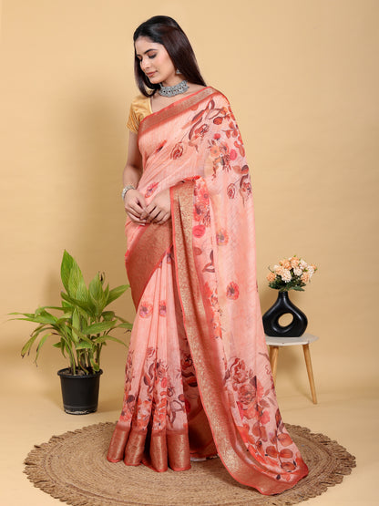 Peach Floral Linen Cotton Saree with Woven Jacquard Borders for Women