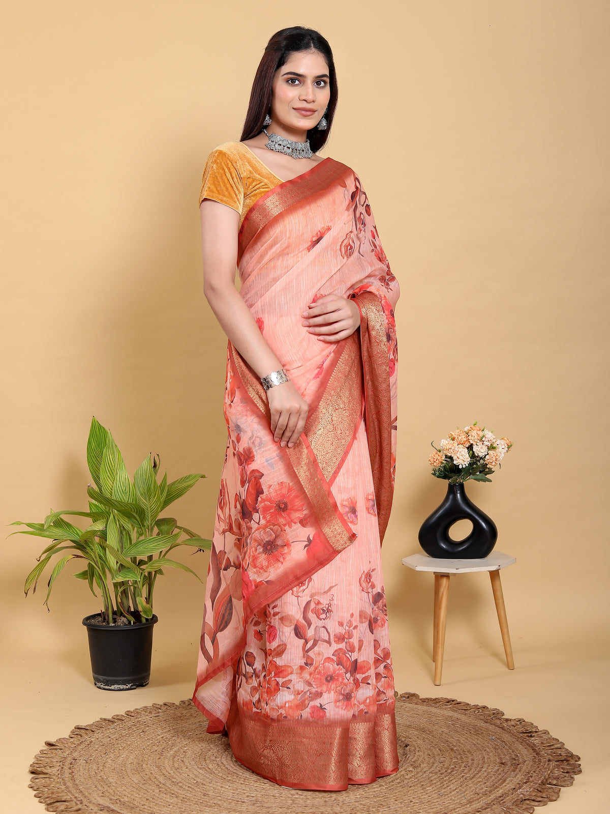 Peach Floral Linen Cotton Saree with Woven Jacquard Borders for Women