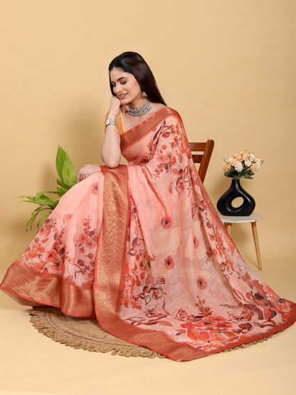Peach Floral Linen Cotton Saree with Woven Jacquard Borders for Women