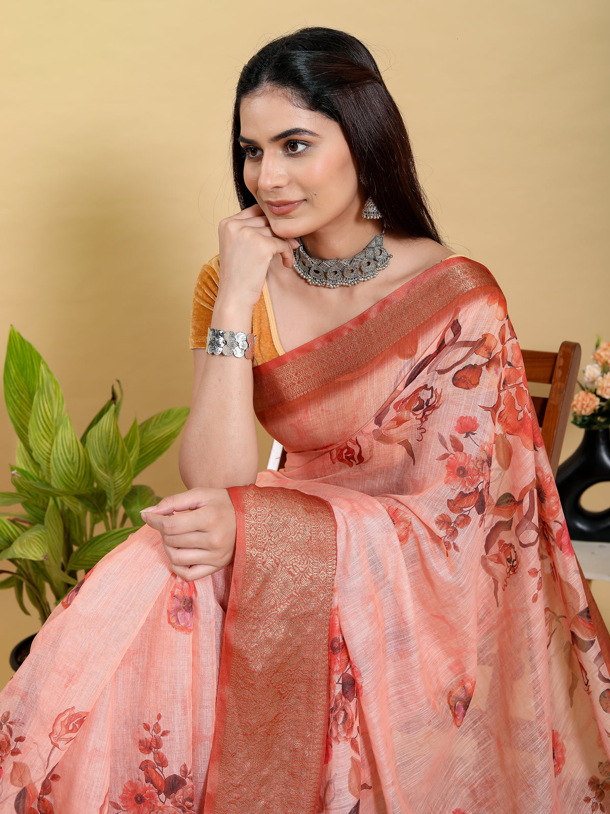 Peach Floral Linen Cotton Saree with Woven Jacquard Borders for Women