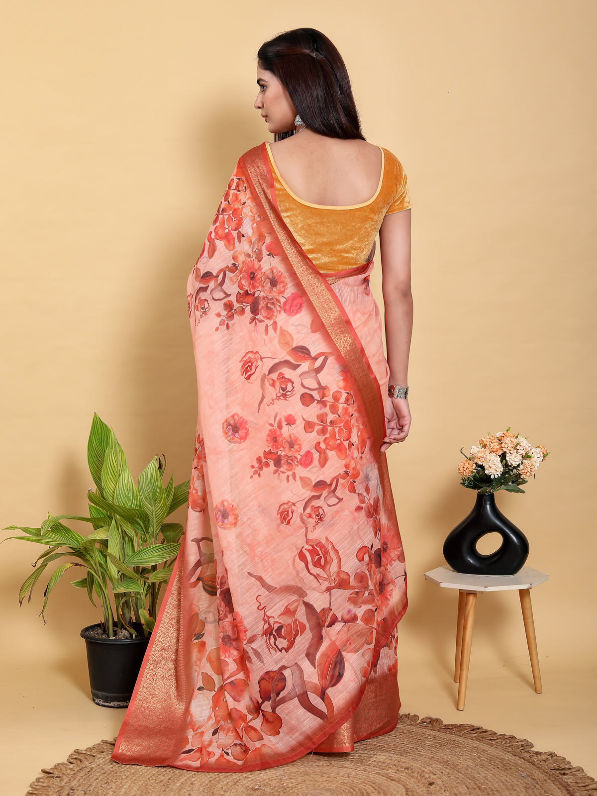 Peach Floral Linen Cotton Saree with Woven Jacquard Borders for Women