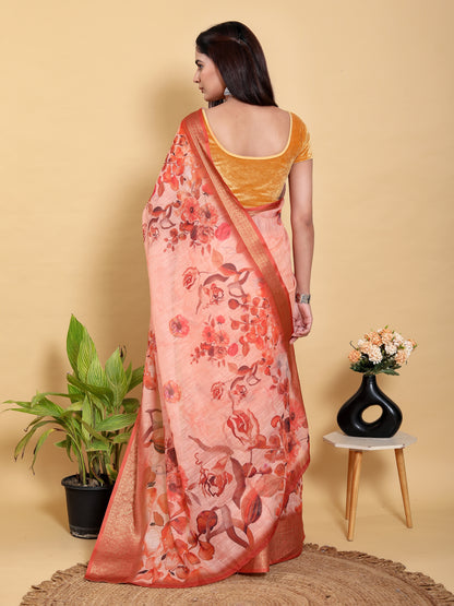 Peach Floral Linen Cotton Saree with Woven Jacquard Borders for Women