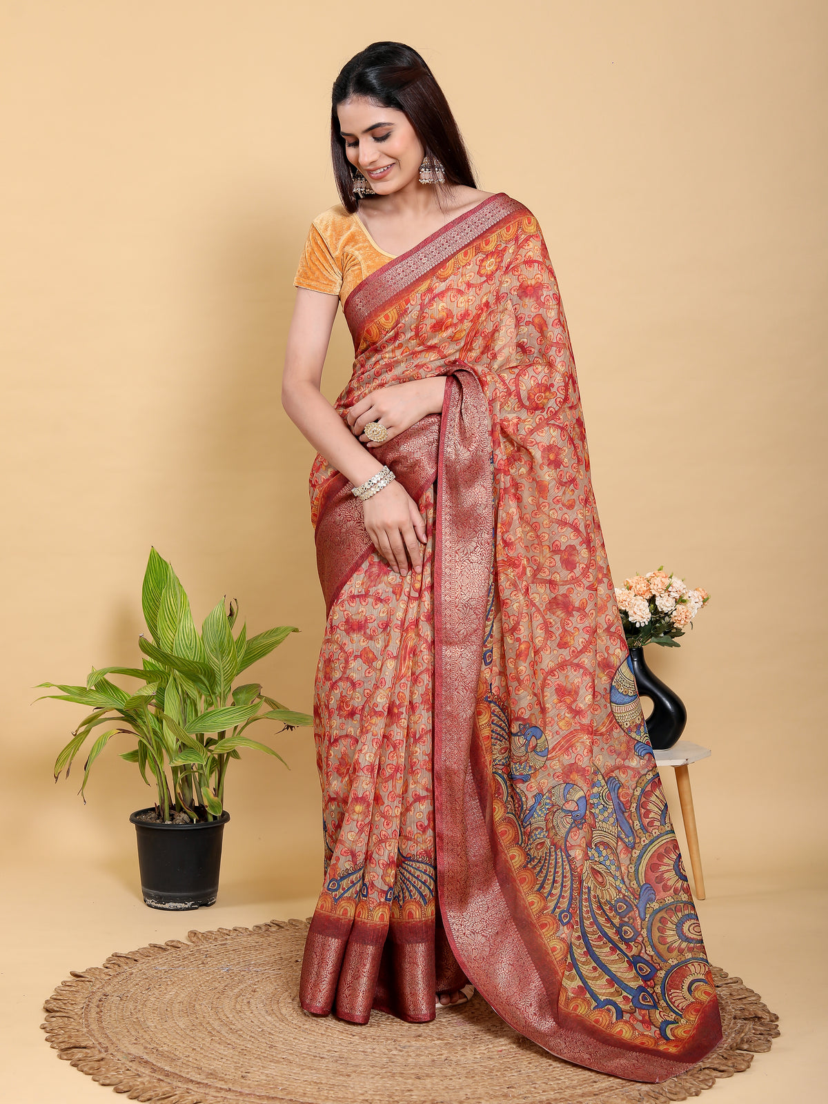 Elegant Peach Linen Cotton Saree with Artistic Floral Print for Women