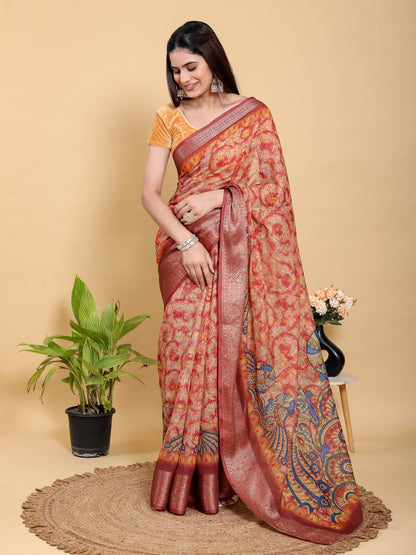 Elegant Peach Linen Cotton Saree with Artistic Floral Print for Women