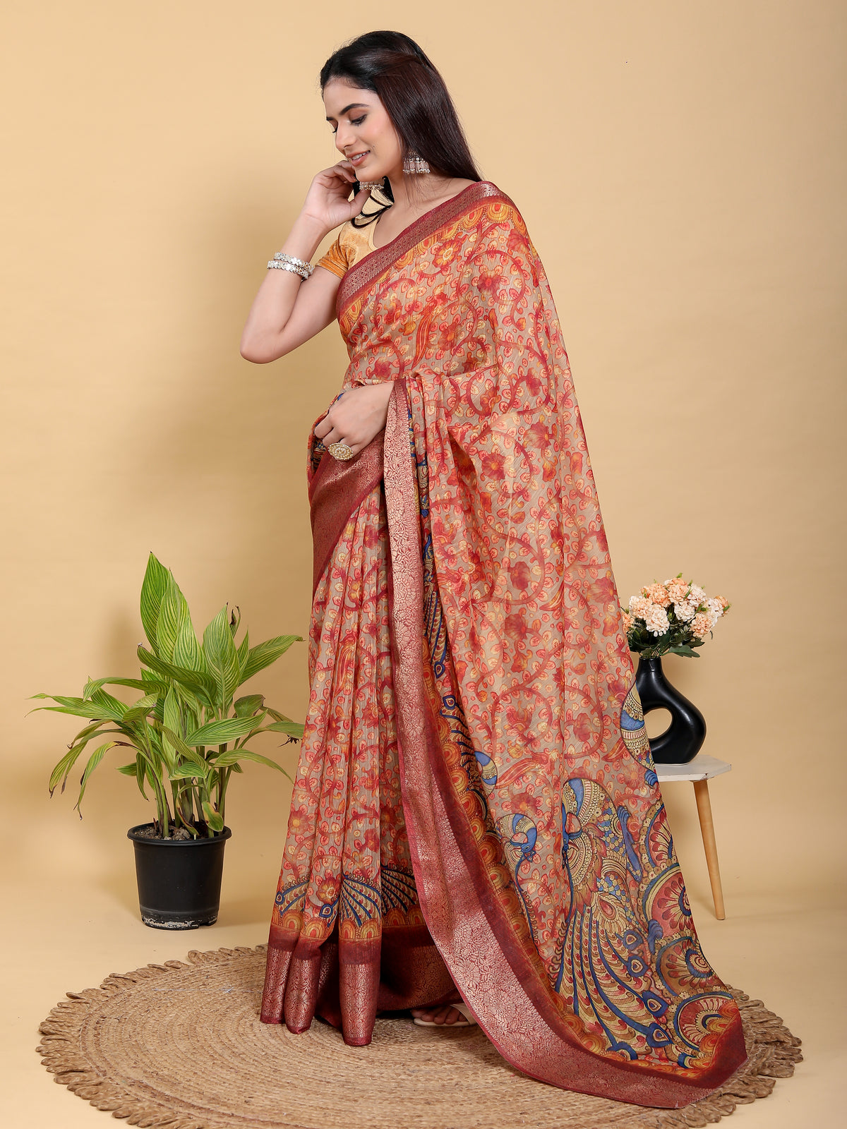 Elegant Peach Linen Cotton Saree with Artistic Floral Print for Women