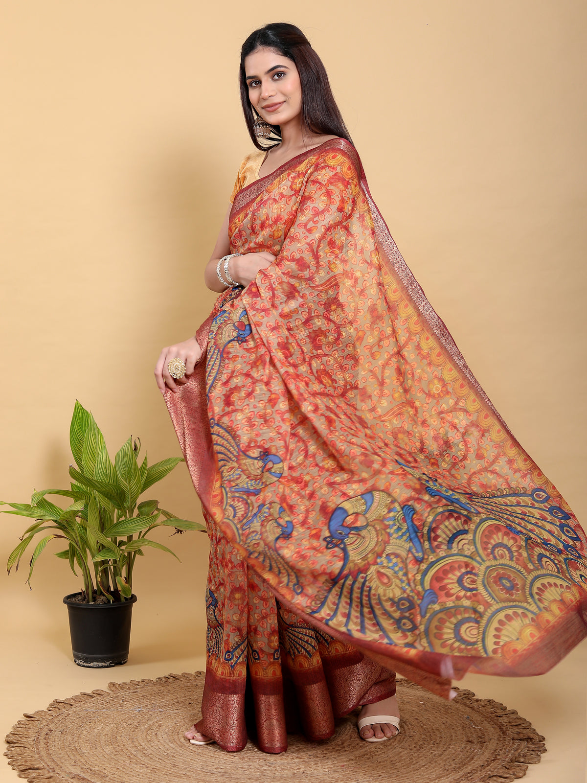 Elegant Peach Linen Cotton Saree with Artistic Floral Print for Women