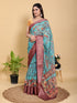 Teal Floral Linen Cotton Saree with Maroon Jacquard Border for Women
