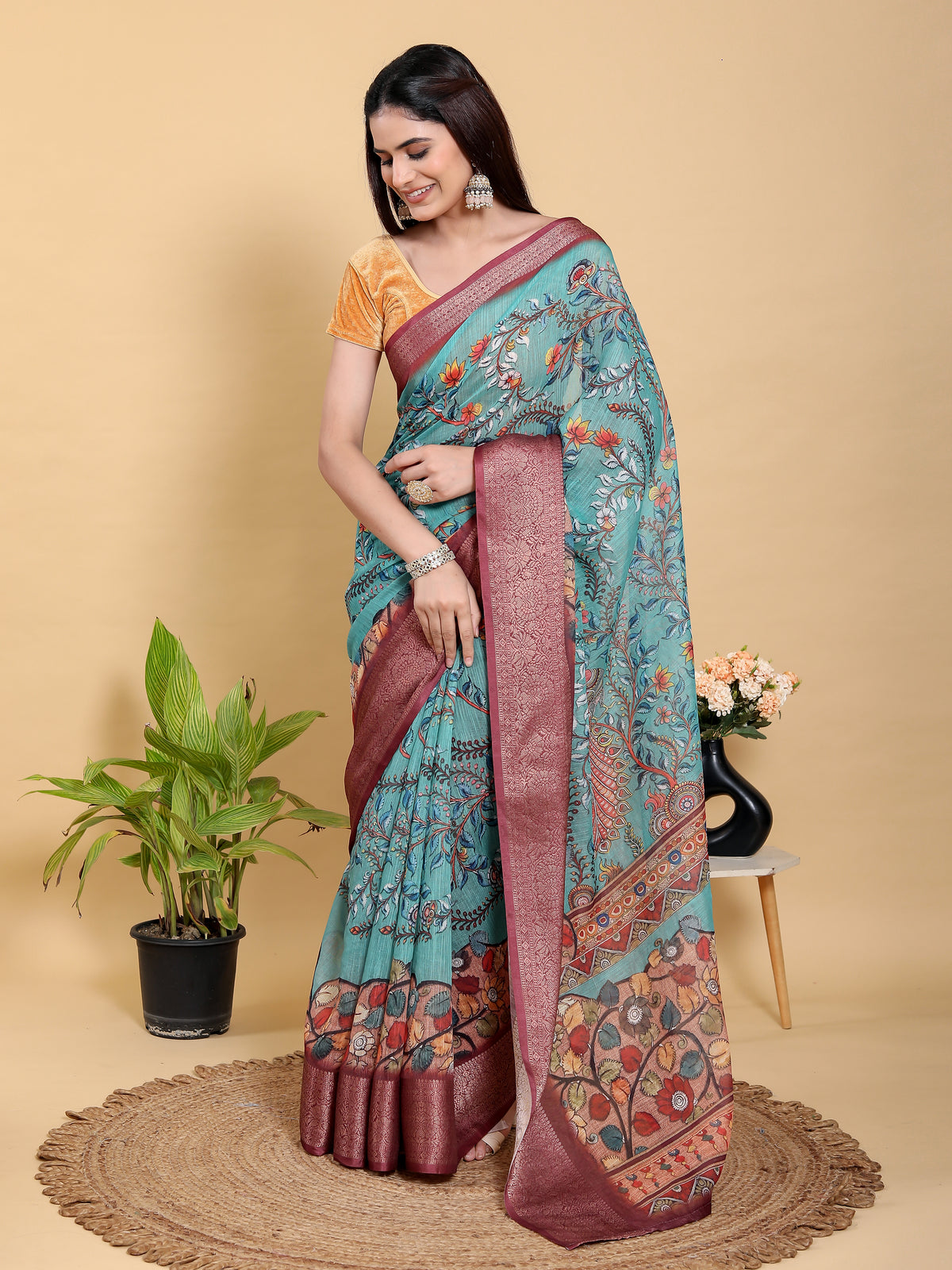 Teal Floral Linen Cotton Saree with Maroon Jacquard Border for Women
