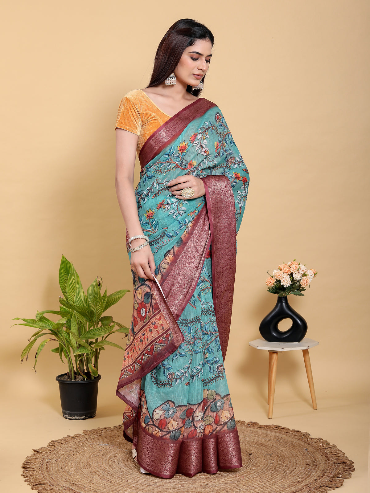 Teal Floral Linen Cotton Saree with Maroon Jacquard Border for Women