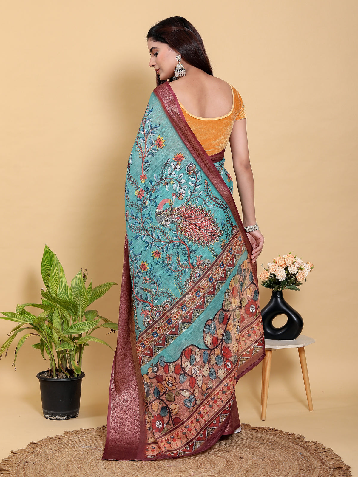 Teal Floral Linen Cotton Saree with Maroon Jacquard Border for Women