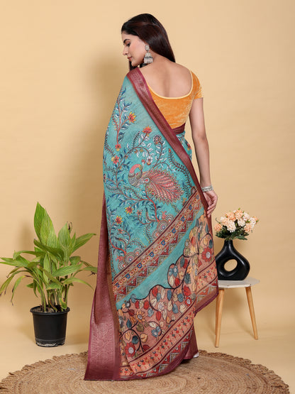 Teal Floral Linen Cotton Saree with Maroon Jacquard Border for Women