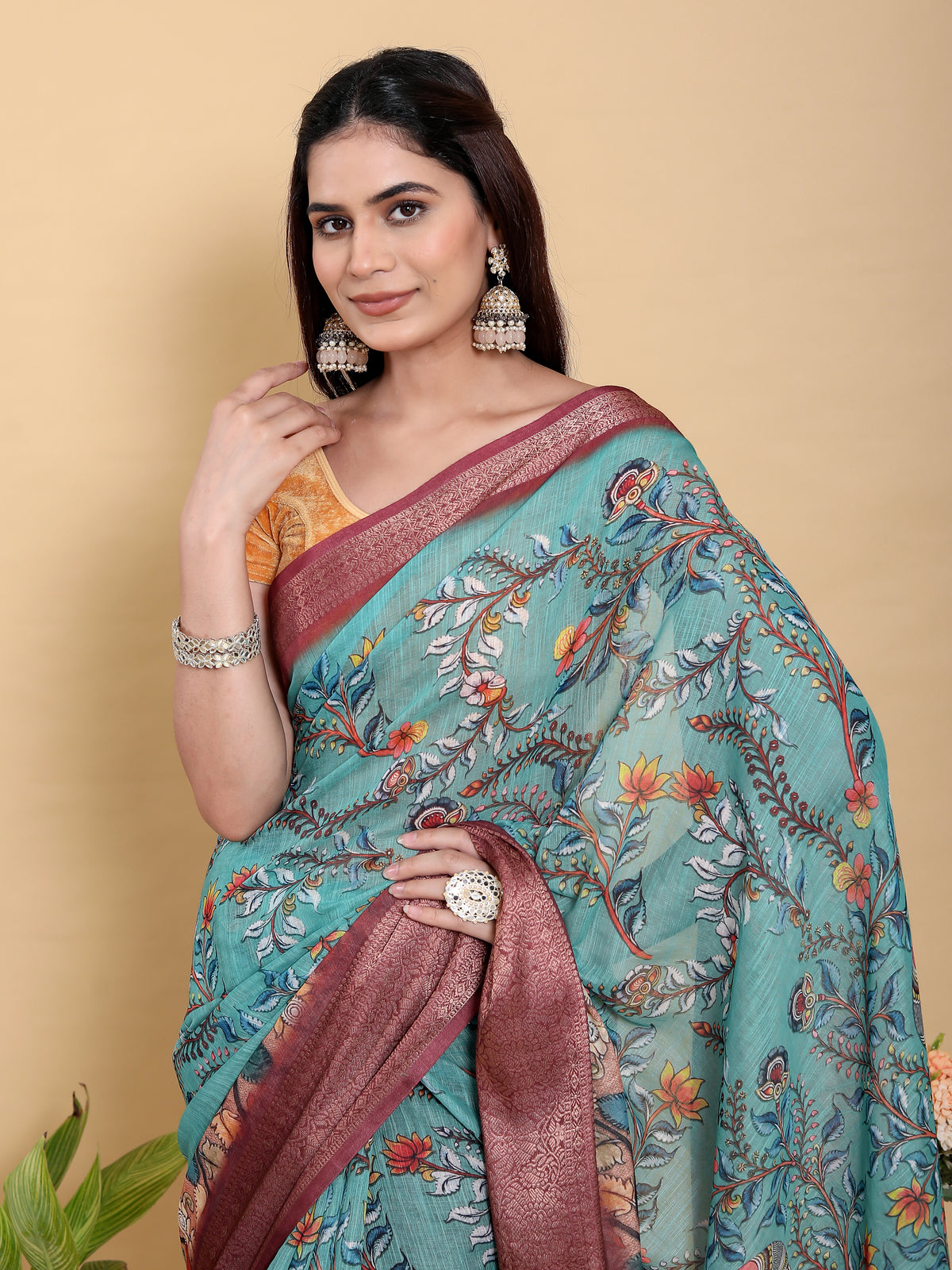 Teal Floral Linen Cotton Saree with Maroon Jacquard Border for Women