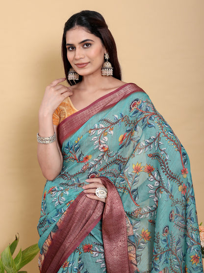 Teal Floral Linen Cotton Saree with Maroon Jacquard Border for Women