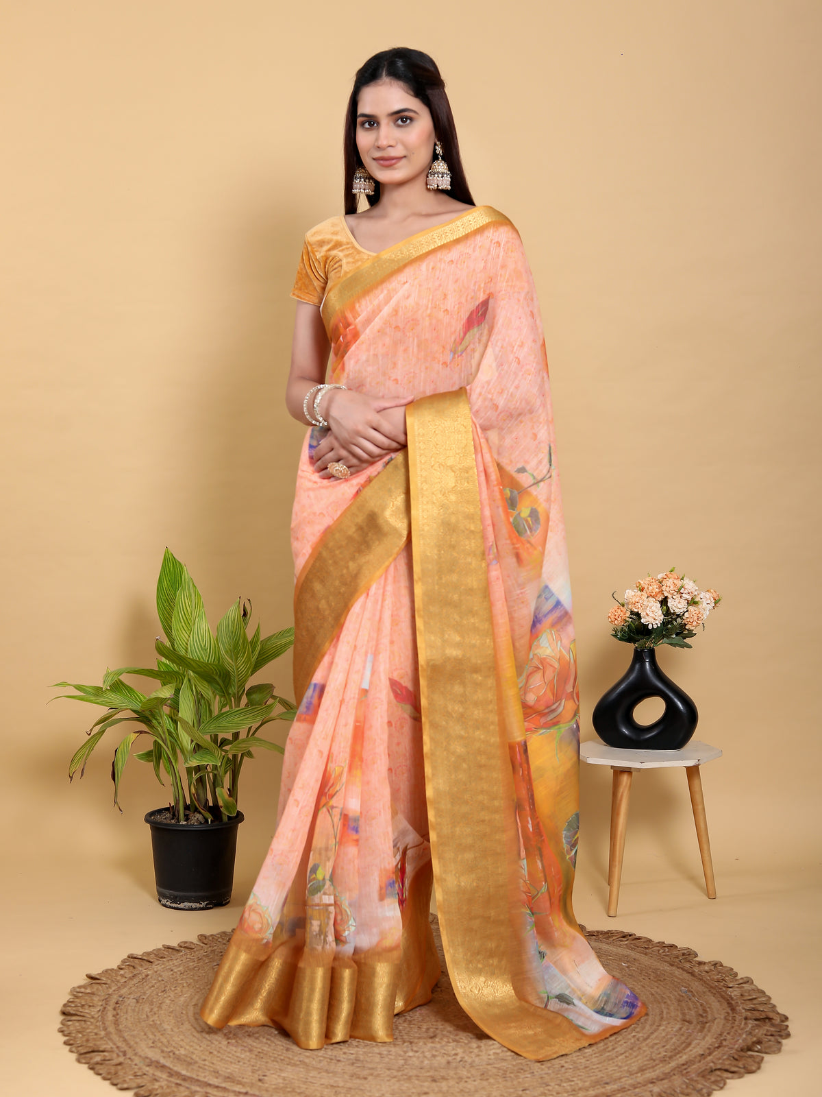 Peach Floral Linen Cotton Saree with Golden Jacquard Border for Women