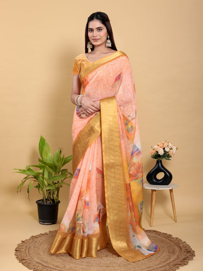 Peach Floral Linen Cotton Saree with Golden Jacquard Border for Women