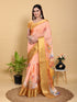 Peach Floral Linen Cotton Saree with Golden Jacquard Border for Women
