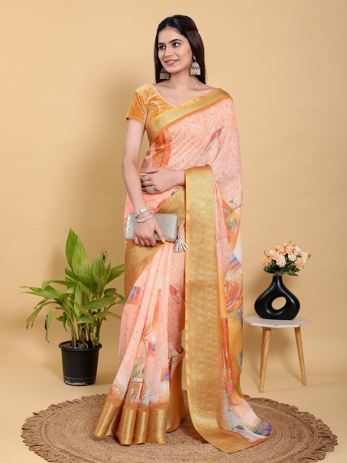 Peach Floral Linen Cotton Saree with Golden Jacquard Border for Women