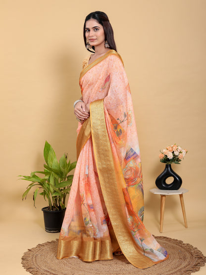 Peach Floral Linen Cotton Saree with Golden Jacquard Border for Women