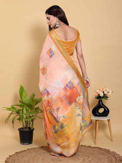 Peach Floral Linen Cotton Saree with Golden Jacquard Border for Women