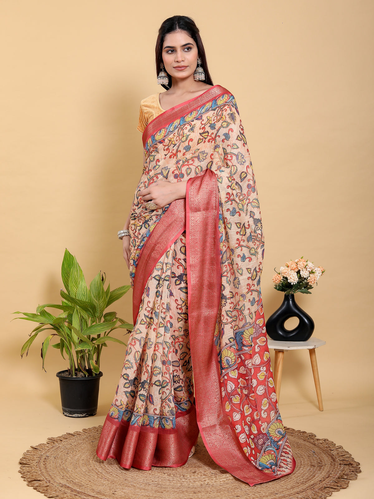 Peach Linen Cotton Saree with Floral Jacquard Border Design for Women