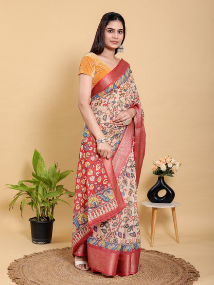 Peach Linen Cotton Saree with Floral Jacquard Border Design for Women