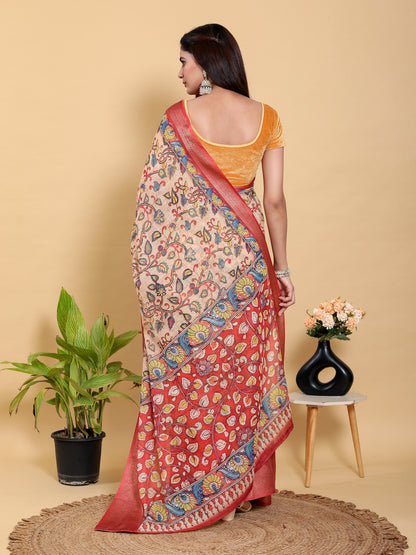 Peach Linen Cotton Saree with Floral Jacquard Border Design for Women
