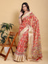 Coral Red Floral Linen Cotton Saree with Jacquard Border for Women